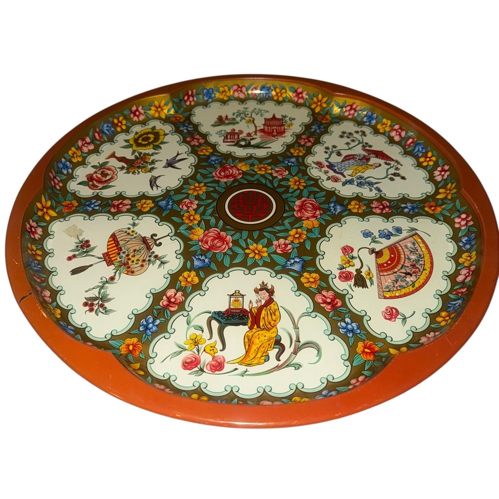 Daher Decorated Ware Round Serving Tray Vintage Asian Scenes Floral Design